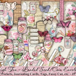 Sobres de semillas cargadas, bolsillo, merienda, rosas, desgastado, vintage, adorno, diario basura, papel, etiquetas, mariposas, efímero, imprimible