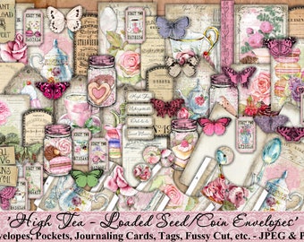 Loaded Seed Envelopes, Pocket, High Tea, Roses, Shabby, Vintage, Embellishment, Junk Journal, Paper, Tags, Butterflies, Ephemera, Printable