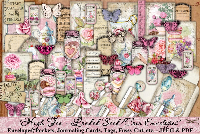 Seed Umschläge, Tasche, High Tea, Rosen, Shabby, Vintage, Verschönerung, Junk Journal, Papier, Tags, Schmetterlinge, Ephemera, printable Bild 1