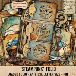 Steampunk Folio, geladener Ordner, maskulin, Ephemera, Worte, Tags, Karten, Taschen, wählerisch schneiden, Journal, Bastelset, Geschenk, Sammelalbum, bedruckbar