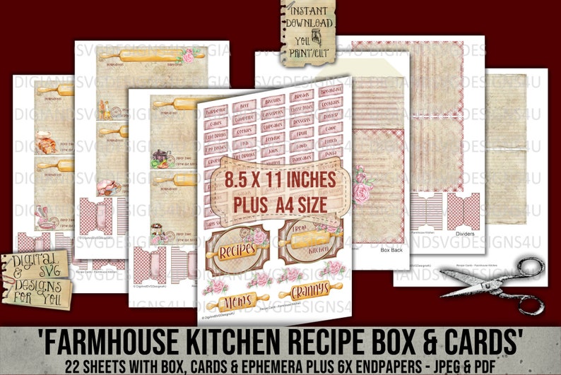 Rustic Recipe Box Labels Recipe Box and Cards, Farmhouse Kitchen, DIY, Storage, Digital Kit ...