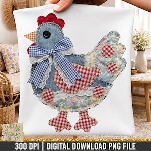 May include: A white pillow with a patchwork chicken design. The chicken features denim, red gingham, floral, and lace fabrics. It has a blue gingham bow, a red comb, and a button eye. The pillow is held up by a hand. The text "DIGITAL & SVG DESIGNS FOR YOU" is visible.