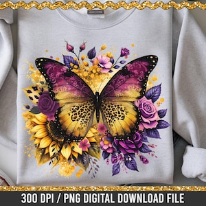 May include: A light grey sweatshirt with a colourful butterfly design. The butterfly has yellow and purple wings with a leopard print pattern. The design includes sunflowers, roses, and other purple and yellow floral elements. Text at the bottom reads "300 DPI / PNG DIGITAL DOWNLOAD FILE."