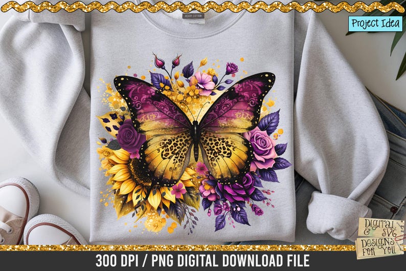 May include: A light grey sweatshirt with a colourful butterfly design. The butterfly has yellow and purple wings with a leopard print pattern. The design includes sunflowers, roses, and other purple and yellow floral elements. Text at the bottom reads "300 DPI / PNG DIGITAL DOWNLOAD FILE."