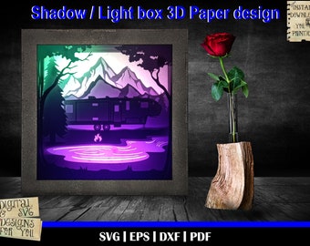 Camping RV in forest 3D Light Box, mountain svg, Lake camping, Tent svg, Camp scene, Shadow Box svg, lake svg, camping svg, 5th wheel rv svg