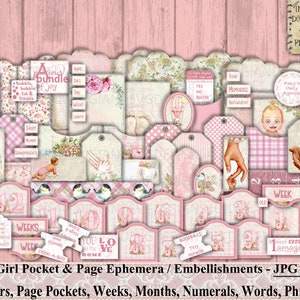 Baby, beladene Taschen, Meilensteine, Ephemera, Verzierung, Wörter, Sätze, Baby, Teddybären, Vögel, Blumen, Collage Sheet, Printable