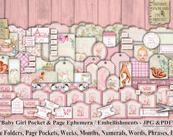 Baby Girl, Loaded Pockets, Milestones, Ephemera, Embellishment, Words, Phrases, Baby, Teddy Bears, Birds, Flowers, Collage Sheet, Printable