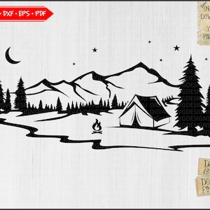 Starry noche bosque campistas svg, png, eps, dxf, montaña svg, camping clipart, árboles svg, Outdoors cutfile, Tent svg, archivo de corte de escena de campamento