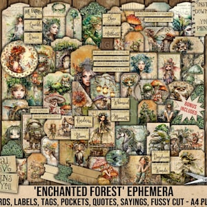 Bosque encantado, efímeras, hadas, elfos, trolls, criaturas del bosque, sobres, etiquetas, bolsillos, diario, álbumes de recortes, imprimibles