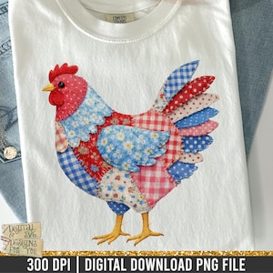 May include: White t-shirt featuring a colorful patchwork rooster design. The rooster has a red comb, yellow beak and feet, and a body composed of various patterned fabrics in red, blue, and white. The shirt includes the text "COMFORT COLORS".