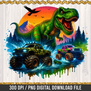 May include: Digital artwork of a green T-Rex and two monster trucks set against a sunset. The trucks are olive green and pink, with large wheels. The image has a watercolour style with splashes of blue and green. The text reads "300 DPI / PNG DIGITAL DOWNLOAD FILE".