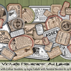 Vintage, Jornal, Anúncios, Propaganda, Etiquetas, Sépia, Economizador de tinta, Impressões, Texto, Números, Imprimível, Diário, Etiquetas, Enfeite, Álbum de recortes