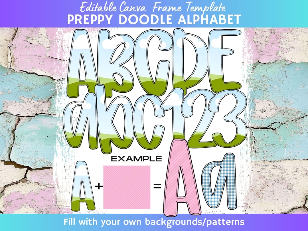 Preppy Canva Alpha Template, Doodle Alphabet Canva template, Canva Frame, Canva Doodle Let