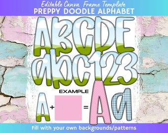 Modello Canva Alpha preppy, modello Canva con alfabeto doodle, cornice Canva, lettere Canva Doodle, Alpha Doodle, alfabeto preppy, Canva preppy