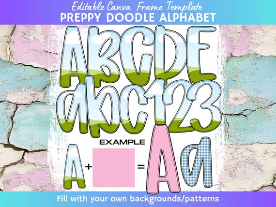 Preppy Canva Alpha Template, Doodle Alphabet Canva template, Canva Frame, Canva Doodle Letters, Alpha Doodle, Preppy Alphabet, Preppy Canva