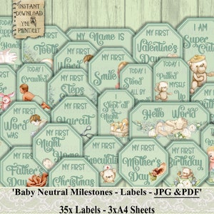 Baby Neutral, Milestones, Baby Firsts, Étiquettes, Junk Journal, Baby, Teddy Bear, Rose, Fleurs, Daily Planner, Scrapbook, Collage, Imprimable