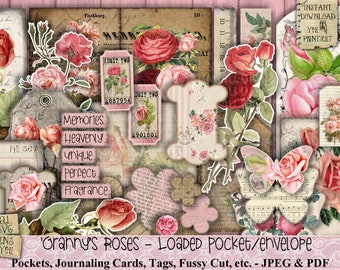 Loaded, Pocket, Envelope, Granny, Roses, Shabby, Vintage, Embellishment, Junk Journal, Paper, Tags, Scrap Pack, Sewing, Ephemera, Printable