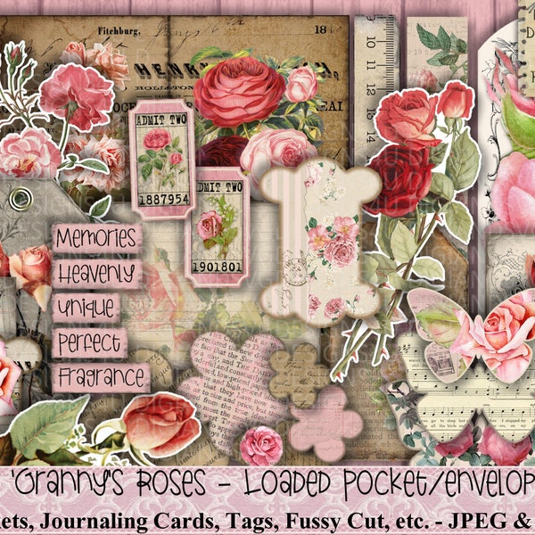 Loaded, Pocket, Envelope, Granny, Roses, Shabby, Vintage, Embellishment, Junk Journal, Paper, Tags, Scrap Pack, Sewing, Ephemera, Printable