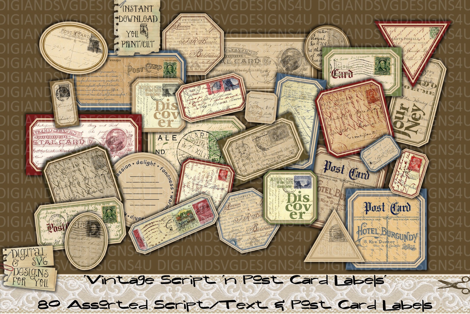 Vintage Script Labels, Text, Post Cards, Grunge, Printable, Junk ...
