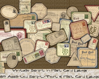 Vintage Script Labels, Text, Post Cards, Grunge, Printable, Junk Journal, Words, Letters, Cards, Tags, Ephemera, Scrapbook, Paper