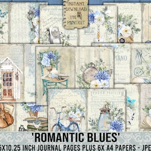 Blues românticos, Shabby Chic, Junk Journal, Vintage, Rosas, Flores azuis e brancas, Folha de colagem, Álbum de recortes, Para impressão, DigiAndSVGDesigns4U