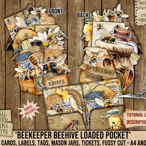 Beekeeper, Beehive, Loaded Pocket, Honey Bee, Bee Farmer, Tags, Tickets, Labels, Mason Jars, Fussy-Cut, Journals, Scrapbooking, Decoupage