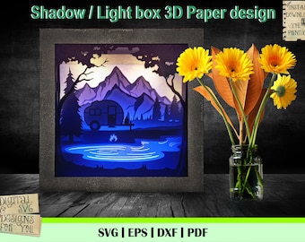 Camping Camper in forest 3D Light Box, mountain svg, Lake camping clipart, Tent svg, Camp scene svg,  Shadow Box svg, lake svg, camping svg,
