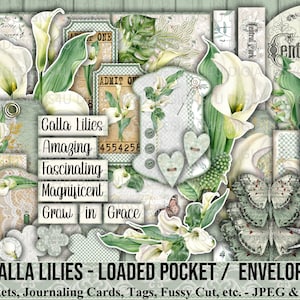 Calla Lilien, geladen, Tasche, Umschlag, Shabby, Vintage, Verschönerung, Journal, Papier, Tags, Scrap Pack, Nähen, Ephemera, Geschenk, printable