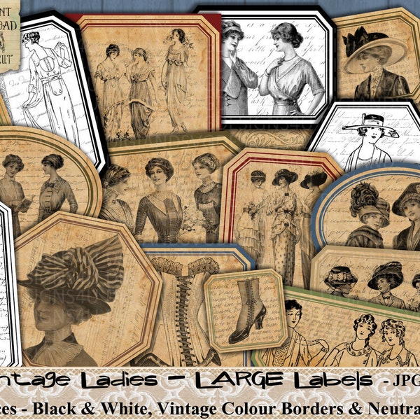 Vintage Ladies, Fashion, 1920s, Edwardian, Text, Music, Vintage, Large Label, Card Topper, Printable, Journal, Tag, Embellishment, Scrapbook