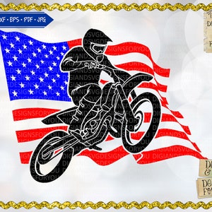 File di taglio SVG con bandiera e bicicletta, design della bandiera, moto da cross, 4 luglio, contorno della bandiera, arte murale per bici da fuoristrada, bandiera americana, svg per bicicletta, svg per bandiera USA