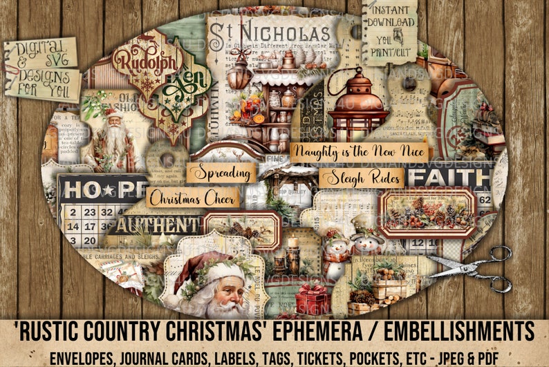 Rustic Country Christmas, Ephemera, Embellishments, Santa, Farmyard ...