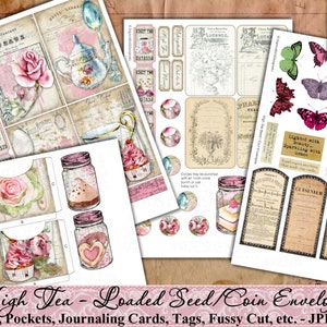 Seed Umschläge, Tasche, High Tea, Rosen, Shabby, Vintage, Verschönerung, Junk Journal, Papier, Tags, Schmetterlinge, Ephemera, printable Bild 6
