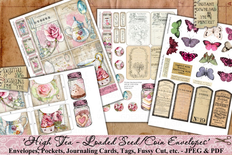 Seed Umschläge, Tasche, High Tea, Rosen, Shabby, Vintage, Verschönerung, Junk Journal, Papier, Tags, Schmetterlinge, Ephemera, printable Bild 6