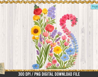 Wildflower Cat PNG: Watercolor Silhouette, Sublimation Design (Digital Download