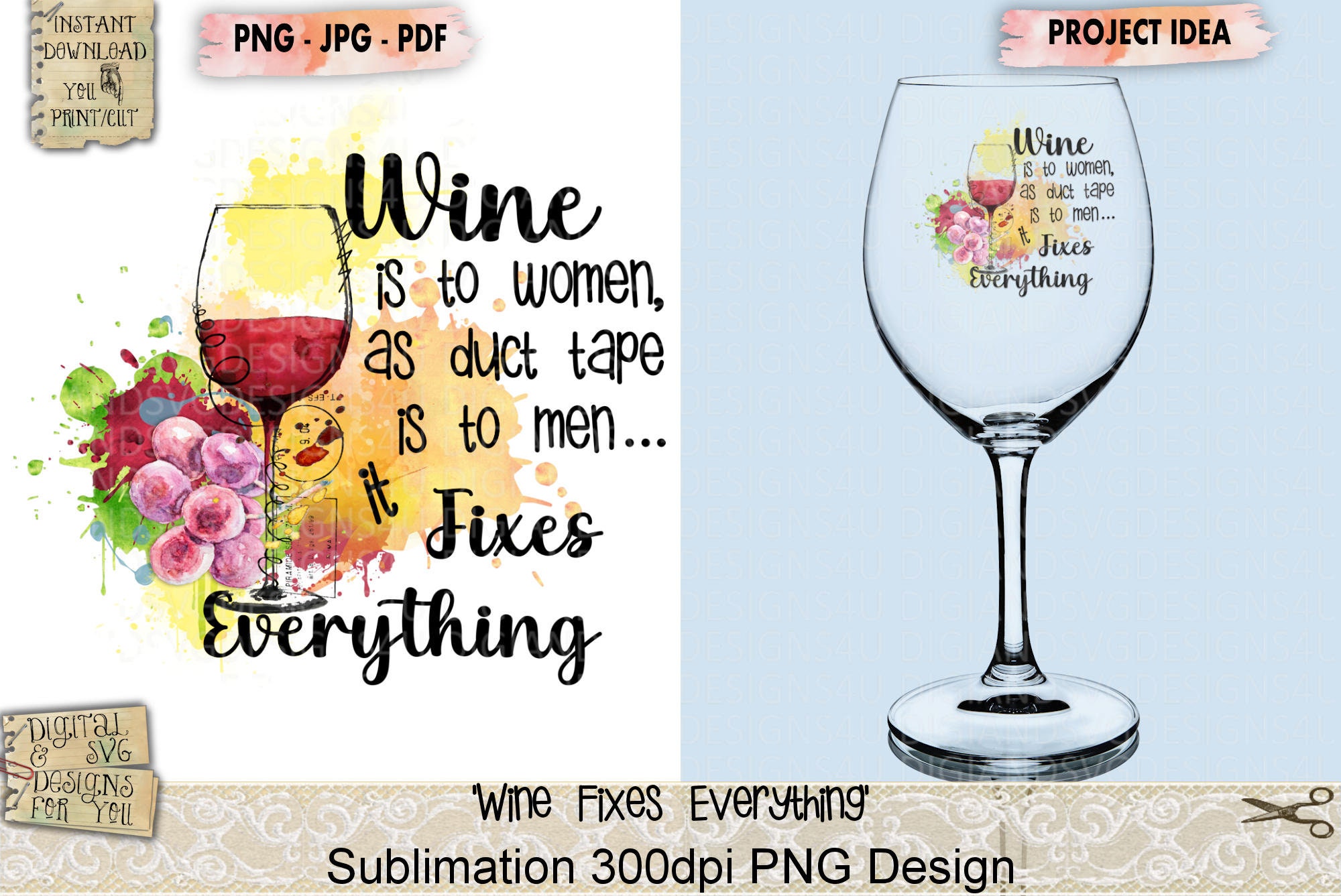 Wine Fixes Everything Phrase Sublimation PNG Waterslide - Etsy New Zealand