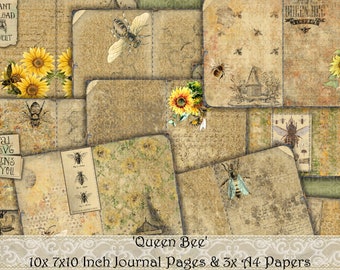 Queen Bee, Vintage, Bee printable paper, Sunflowers, Junk Journal, Text, Typography, Crowns, Beehive, Ephemera, Cards, Collage Sheets