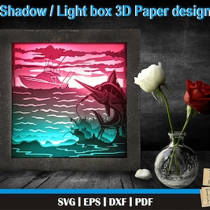 Marlin 3D Paper Cut Template, Light Box SVG, 3D Shadow Box SVG, 3D Light box template, Digital cut Files svg, Deep sea fishing, Big fish svg