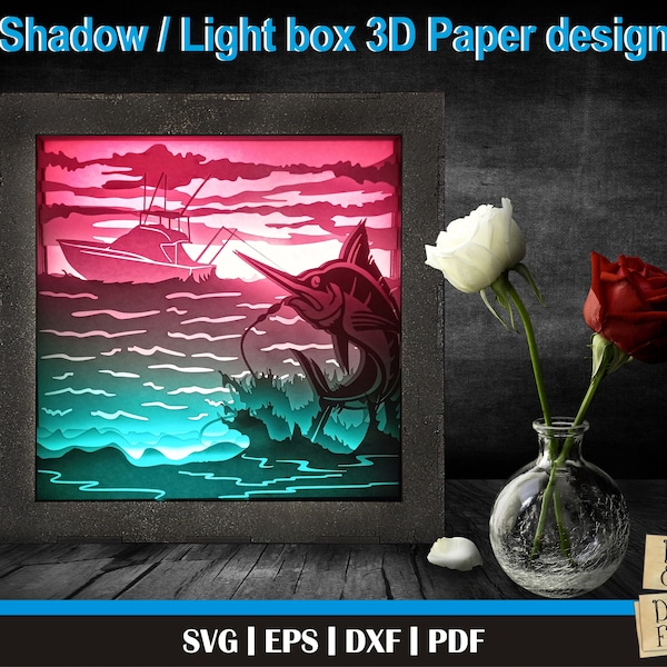 Marlin 3D Paper Cut Template, Light Box SVG, 3D Shadow Box SVG, 3D Light box template, Digital cut Files svg, Deep sea fishing, Big fish svg Marlin 3D Paper Cut Template, Light Box SVG, 3D Shadow Box SVG, 3D Light box template, Digital cut Files svg, Deep sea fishing, Big fish svg