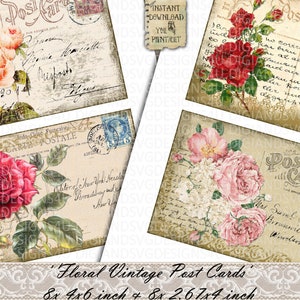 May include: Set of eight vintage floral post cards with a distressed background. The cards feature a variety of roses and other flowers in shades of pink, red, and white. The cards are 4x6 inches and 2.67x4 inches.