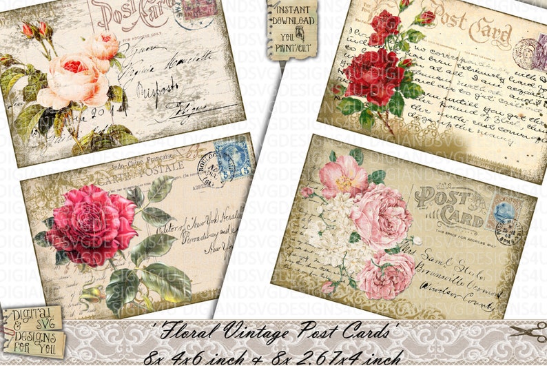 May include: Set of eight vintage floral post cards with a distressed background. The cards feature a variety of roses and other flowers in shades of pink, red, and white. The cards are 4x6 inches and 2.67x4 inches.