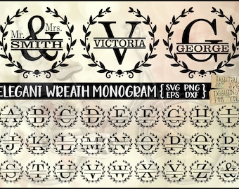 Elegant Wreath Monogram SVG | Split monogram svg, png, dxf, eps | Wedding monogram | Cricut, cameo, silhouette | Commercial use monogram