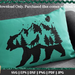 Silhouette Bear SVG, Bear Mountain, Howling Wolf svg, bear in the woods, Pine Trees, Full moon svg, Wilderness svg, full moon wolf image 2