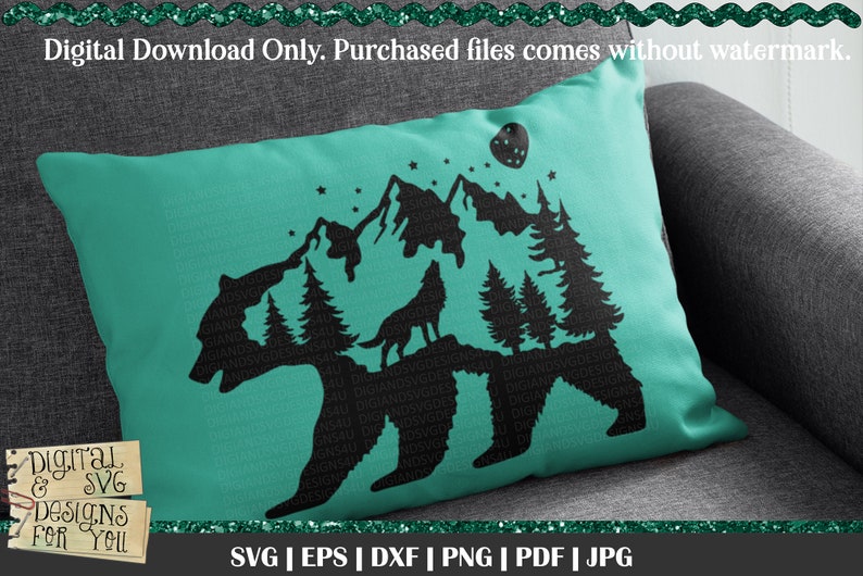Silhouette Bear SVG, Bear Mountain, Howling Wolf svg, bear in the woods, Pine Trees, Full moon svg, Wilderness svg, full moon wolf image 2