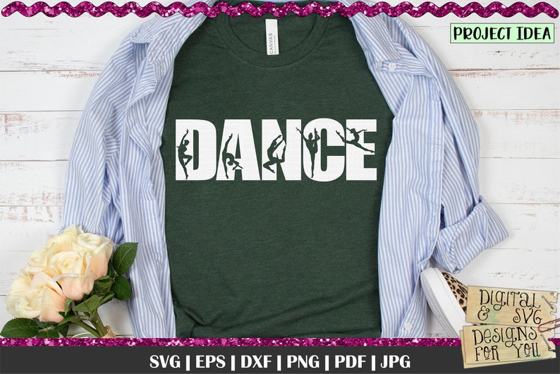 May include: A green t-shirt with the word "DANCE" in white letters. The letters are made up of silhouettes of dancers in various poses.