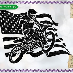 Bandiera e moto Svg tagliare file, segnala design, moto da terra, 4 luglio, flag contorno, offroad moto wall art, bandiera americana, moto svg, USA bandiera svg