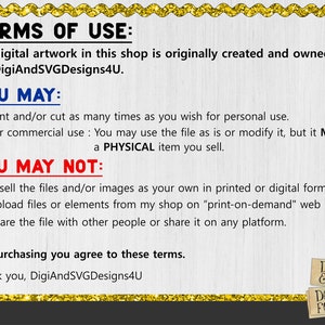 Puede incluir: T&eacute;rminos de uso para las ilustraciones digitales que se venden en una tienda llamada DigiAndSVGDesigns4U. El texto establece que la ilustraci&oacute;n se puede imprimir y cortar para uso personal, y se puede utilizar comercialmente siempre que se convierta en un art&iacute;culo f&iacute;sico. El texto tambi&eacute;n establece que la ilustraci&oacute;n no se puede revender, cargar en sitios web de impresi&oacute;n bajo demanda o compartir en ninguna plataforma.