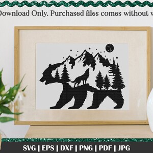 Silhouette Bear SVG, Bear Mountain, Howling Wolf svg, bear in the woods, Pine Trees, Full moon svg, Wilderness svg, full moon wolf image 3