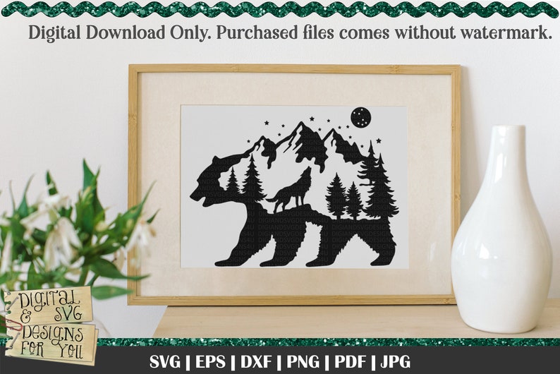 Silhouette Bear SVG, Bear Mountain, Howling Wolf svg, bear in the woods, Pine Trees, Full moon svg, Wilderness svg, full moon wolf image 3