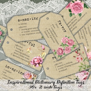 Inspiration, Wörterbuch, Definitionen, Tags, Vintage, Printable, Wörter, Junk Journal, Rosen, Gefühl, Sätze, Ephemera, Karten, Sammelalbum