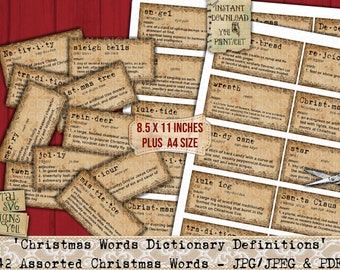 Christmas, Words, Dictionary, Definitions, Vintage, Labels, Tags, Printable, Inspirational, Junk Journal, Sentiments, Phrases, Scrapbooking